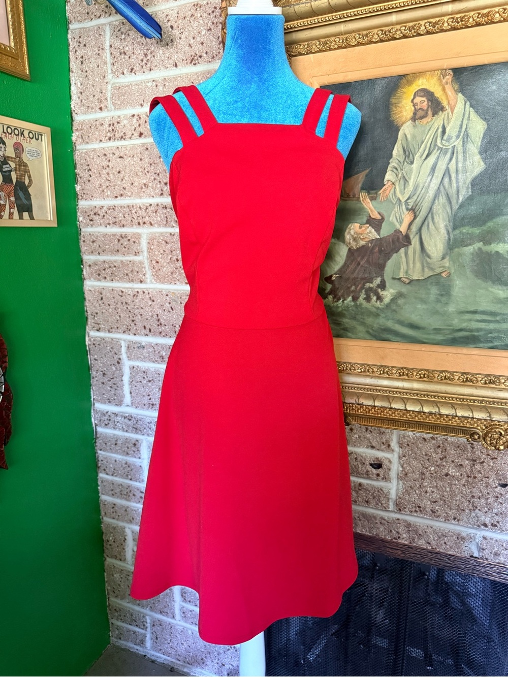 Roz & Ali Red Square-Neck A-Line Dress with Double Straps